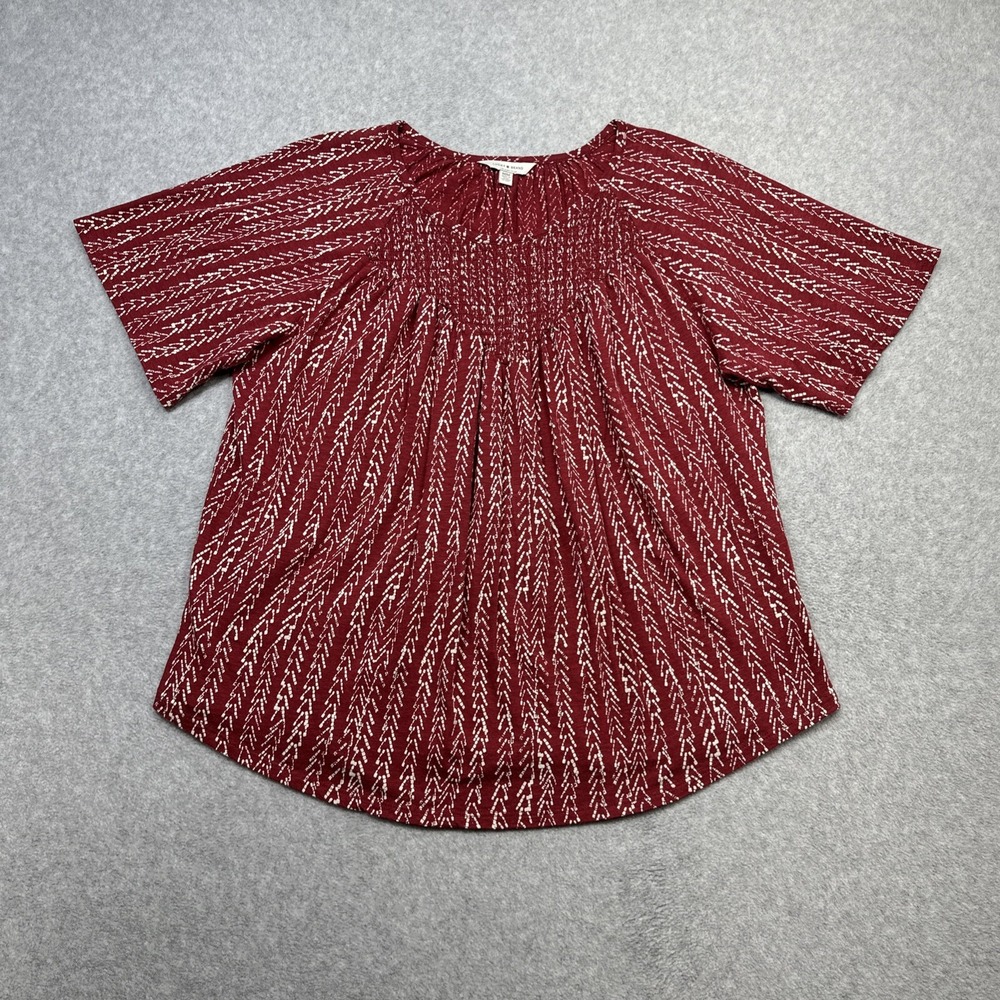Lucky Brand Top Medium Red Geometric Smocked Boho Chic Relaxed Everyday Casual